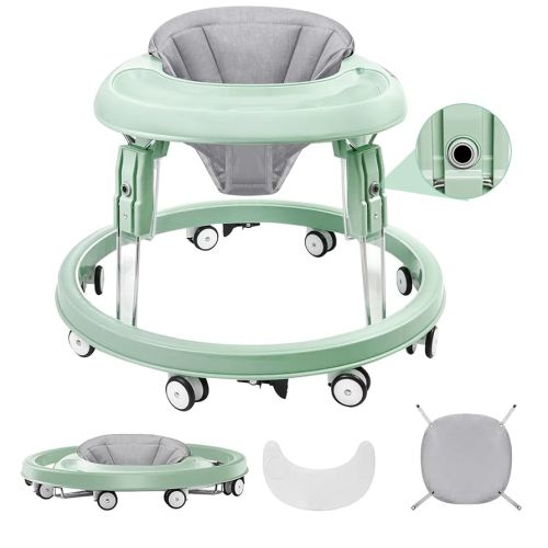 Baby Walker with Wheels, One-Touch Folding Baby Walkers, 7-Speed Height Adjustment with Large Dinner Plate, Anti-Roll 8-Wheel with Brake for 6-18 Months Baby (Green)
