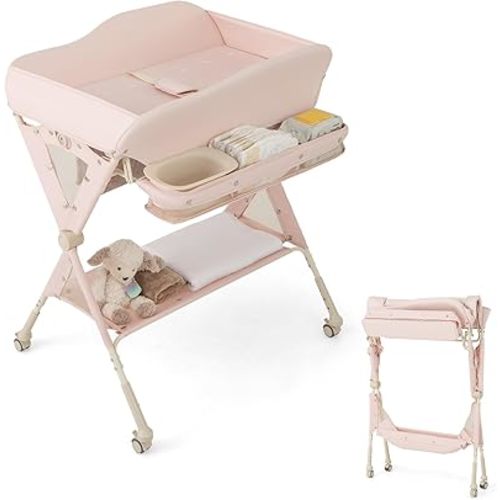 HONEY JOY Changing Table, Folding Mobile Diaper Nursery Organizer w/Wheel, 3 Adjustable Heights, Storage Bag & Open Shelf, Water Basin, Portable Baby Changing Station for Newborn Infant(Pink)
