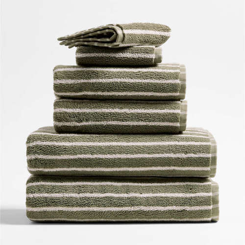 Organic Classic Turkish Cotton Shadow Sage and Pampas Ivory Stripe Bath Towels, Set of 6