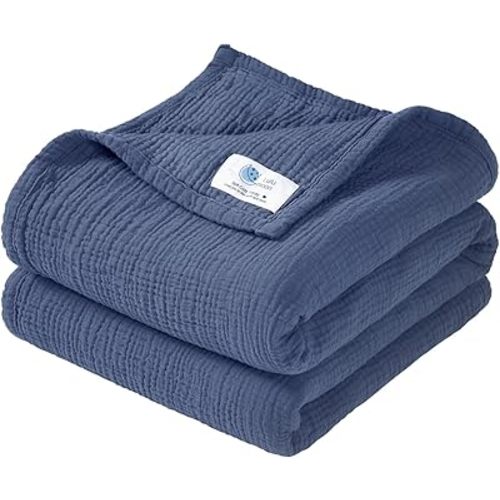 lulumoon Muslin Baby Blanket for Boys: 4-Layer Soft Cotton Toddler Blanket for Daycare - Lightweight Crib Bedding for Stroller & Travel 47"x47"(Blue)