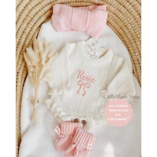 Newborn girl coming home outfit, knit baby announcement, ruffle romper bow embroidered name, personalized gender reveal baby shower gift
