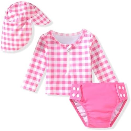 HINTINA Newborn Baby Girl Long Sleeve 2-Pieces Swimsuit Bathing Suit with Hat