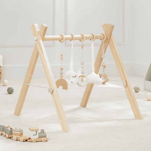 Comfy Cubs Baby Play Gym Set, Wooden Hanging Bar with Gym Toys, Foldable for Infants, Natural Wood