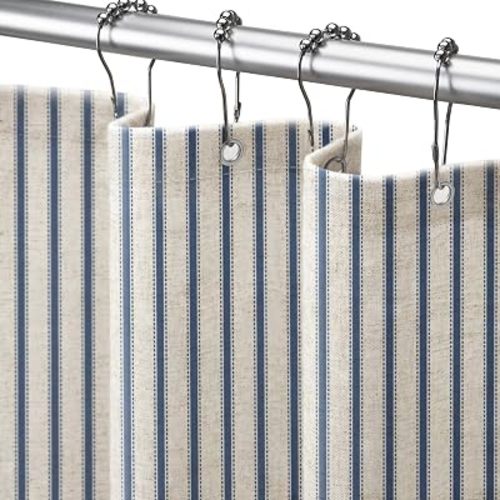 Farmhouse Striped Shower Curtain Navy Blue Vintage Linen Curtain 72W X 72L