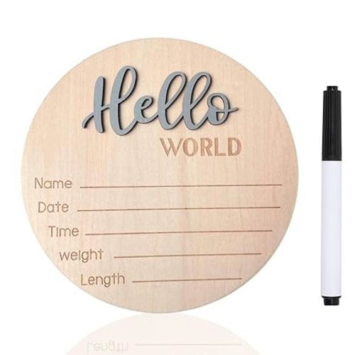 Baby Announcement Sign, ​5.9 Inch Wooden Hello World Newborn Signs, Birth Announcement Sign, Baby Shower Hospital Nursery for Newborn Boys and Girls (Gray,Pen)
