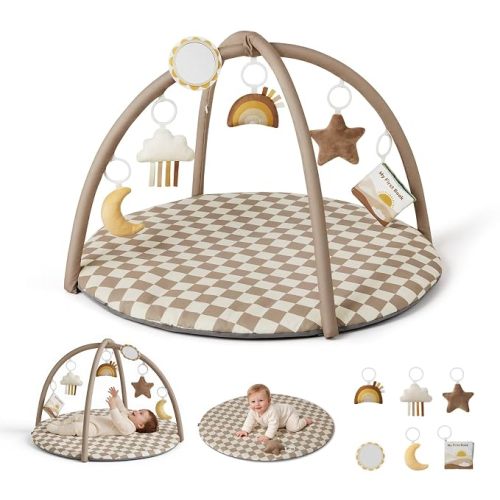 Blissful Diary Baby Play Gym Mat, Play Mat Activity Mat with 6 Detachable Toys for Stage-Based Sensory & Motor Skill Development, Easy to Install & Clean, Baby Essentials Gift, Brown Checkerboard