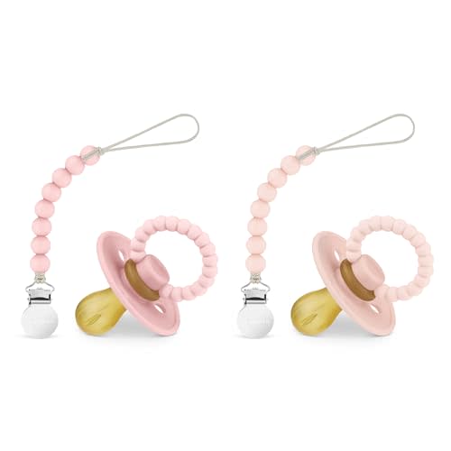 Luladream Pacifier and Clip Set - Natural Rubber Nipple - Soft Teething Handle - for Infants Baby's and Toddlers, 0-18 Months (Blush Pink + Rose Petal + Clips)