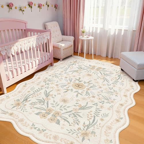 Scalloped Floral Rug 6x9, Neutral Beige Washable Non Slip Area Rug for Bedroom, Soft Low Pile Cream Cottagecore Rug for Living Room, Nursery Girls Room, or Dining Room