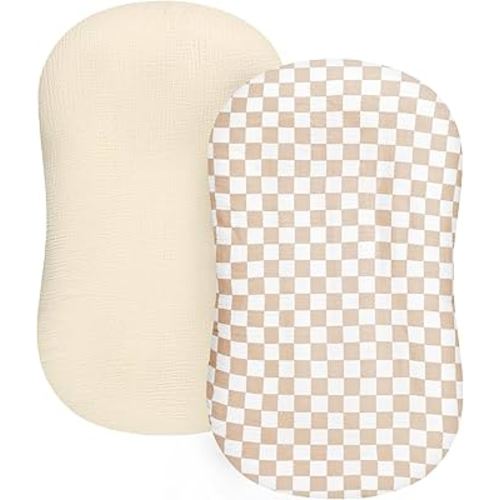 DILIMI Baby Lounger Covers, 2 Pack Muslin Newborn Lounger Cover, Soft Comfortable Removable Infant Pillow Slipcover for Girl and Boy, Beige & Brown Checkered (Lounger not Included)