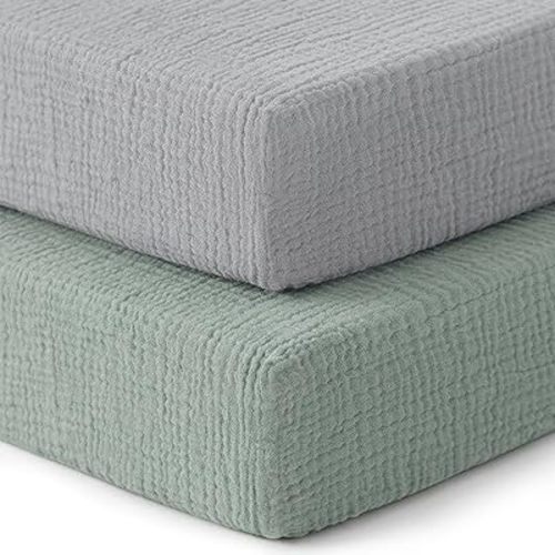Pro Goleem Muslin Pack n Play Sheets for Boys and Girls, Soft Breathable Cotton Fitted Mini Crib Sheets, Neutral Baby Sheets for Playard Mattress, 2 Pack (Grey＆Green)