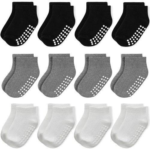 JAKIDAR 12 Pair Baby Toddler Socks Non-Slip Grip Cotton Ankle Socks for Boys Girls Non Skid Soles for Infants Kids