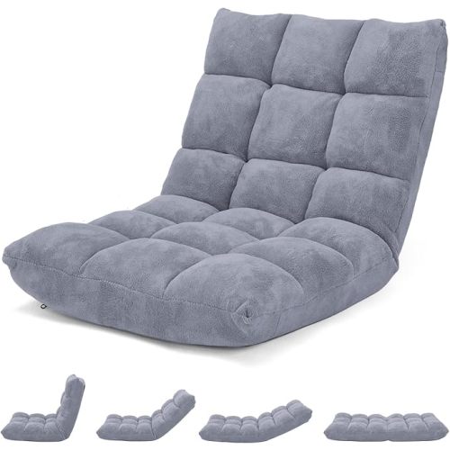 Giantex Folding Floor Chair with Back Support, 14 Adjustable Position, Padded Sleeper Bed, Couch Recliner, Gaming Floor Chairs for Adults, Meditation, Living Room (Grey)