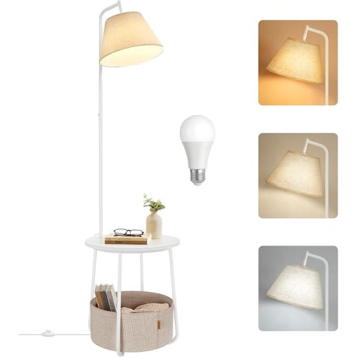 VASAGLE End Table with Lamp, 3-in-1 Floor Lamp with Table and Fabric Basket for Living Room, Tunable LED Bulb Included, Angle-Adjustable Lampshade, Matte White ULFL004WC01S