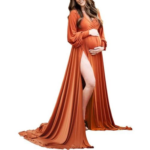 Dedysler Maternity Gowns Long Sleeves Baby Shower Dress for Photoshoot Wrap Split Sweetheart Maxi Photography