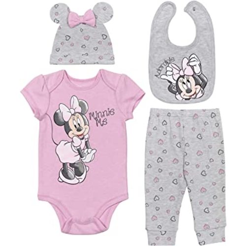 Disney Minnie Mouse Baby Girls Bodysuit Pants Bib and Hat 4 Piece Outfit Set Newborn to Infant