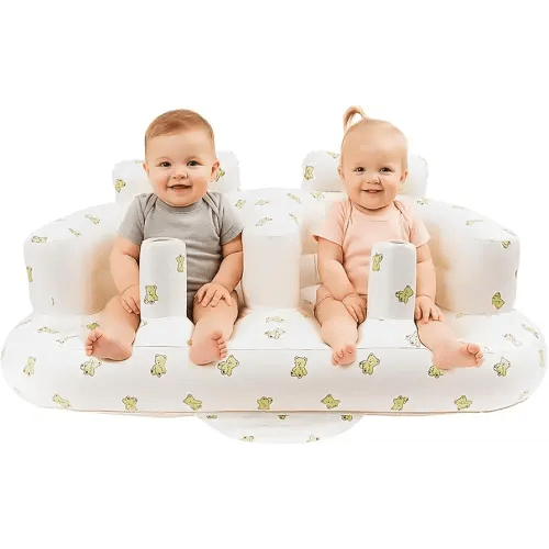 Baby Inflatable Seat for Twins Babies 3 Month and Up, Side-by-Side Double Inflatable Floor Chair for Sitting Up with Built in Air Pump, Blow Up Baby Chair for Infants - Twins Bear