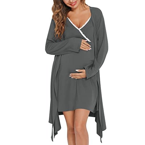 SWOMOG Womens Maternity Robe 2 Piece Nursing Nightgown for Breastfeeding 3 in 1 Labor Delivery Nursing Dress Lace Bathrobe