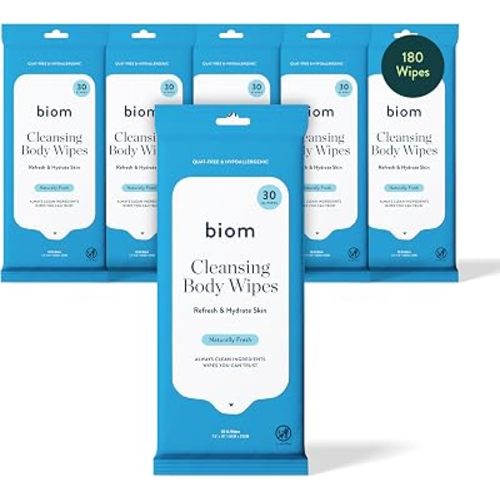 Biom Body Wipes - Travel Size 6pk 30ct(180 Wipes) Full Body Cleansing Wipe with Clean Ingredients, Thick Plant-Based Wipes for Sweat and Odor Removal - Hypoallergenic Travel Friendly - Naturally Fresh