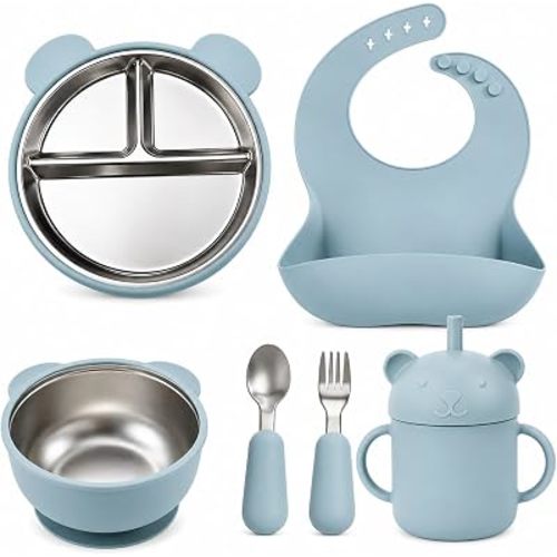Stainless Steel Baby Feeding Set with Suction – Divided Toddler Plate, Bowl & Utensils, BPA-Free Silicone, Non-Slip Strong Suction Base, Easy Clean Weaning Set for Babies & Toddlers