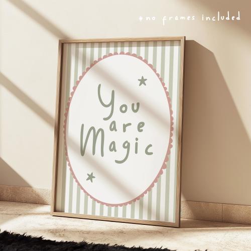 You are magic stripey print in sage green and pink, children’s bedroom, girl nursery, vintage style