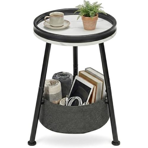 LEMONDA Small Round End Table, 2 Tier Round Side Table with Storage Basket,11.8”D*17.8”H Accent Table,Sofa Side Table, Nightstand for Living Room Bedroom (Marble)