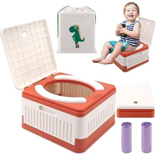 Portable Potty for Toddler Travel, Foldable Travel Potty Training Toilet Seat for Kids Boys Girls, Emergency Mobile Toilet In Car for Camping Outdoor Indoor, with 30 Disposable Bags, Orange