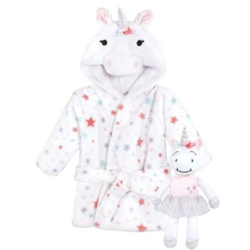 Hudson Baby Infant Girls Plush Bathrobe and Toy Set, Rainbow Unicorn, One Size