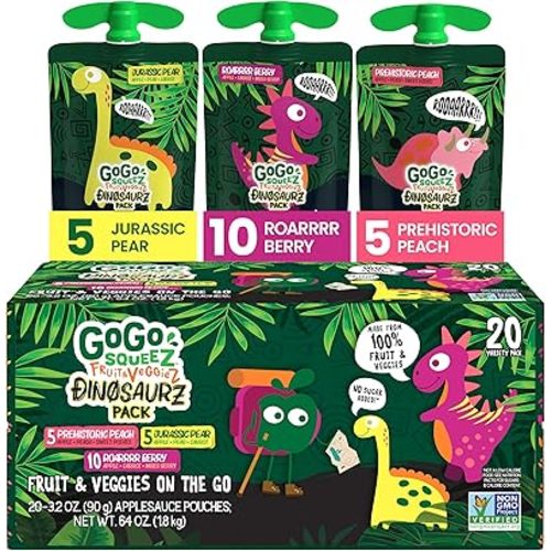 GoGo squeeZ Fruit & veggieZ Applesauce and Puree Variety Pack, Jurassic Pear, Roarrrr Berry & Prehistoric Peach, 3.2 oz (Pack of 20), Unsweetened Snacks for Kids, BPA Free Pouches