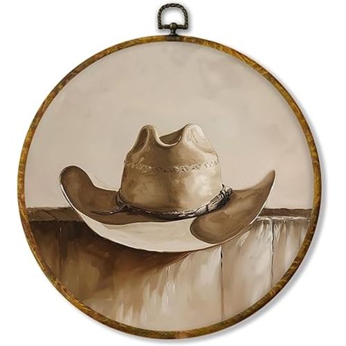 shiviody Cowboy Hat Canvas Wall Art Decor, Western Bohemia Farmhouse Wall Decor, Southwestern Cowboy Hat Round Hanging Frame Prints Decorations for Western Bedroom Bathroom 10"x10"