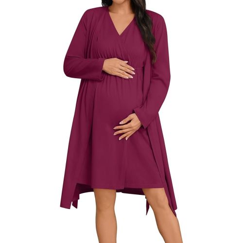 SWOMOG Women 100% Cotton Maternity Nursing Gown and Robe Set 3 in 1 Labor Postpartum Soft Nightgown for Breastfeeding