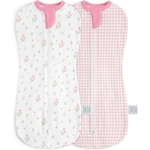 Baby Swaddle 0-2 Months, Cotton Arm-In Zipper Sleep Sack, Wearable Blankets Wrap for Newborn Infant Girls (Floral, Checkered, Pack of 2)