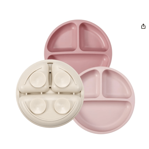 PandaEar 3 Pack Toddler Plates, Silicone Divided Suction Plate for Babies, BPA-Free 100% Food-Grade Silicone Unbreakable Baby Plate (Pink/Linen/Light Pink)