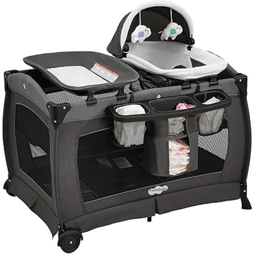 Pamo Babe Pack and Play 4-in-1 Baby Playard with Bassinet & Changing Table, Foldable Portable Playpen with Mattress, Nursery Center for Newborn to Toddler 0-36M-Black