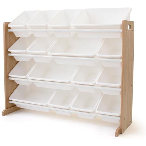 Humble Crew Toy Storage Organizer with 16 Removable Storage Bins for Kids Playroom, 4-Tier Toddler Toy Organization and Storage, Natural Wood/White