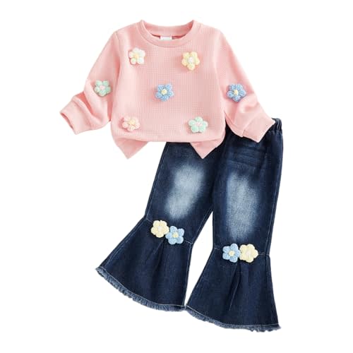 FYBITBO Toddler Baby Girl Clothes Fall Winter Baby Girl Outfit Floral Crewneck Sweatshirt Bell Bottom Jeans Pants Set