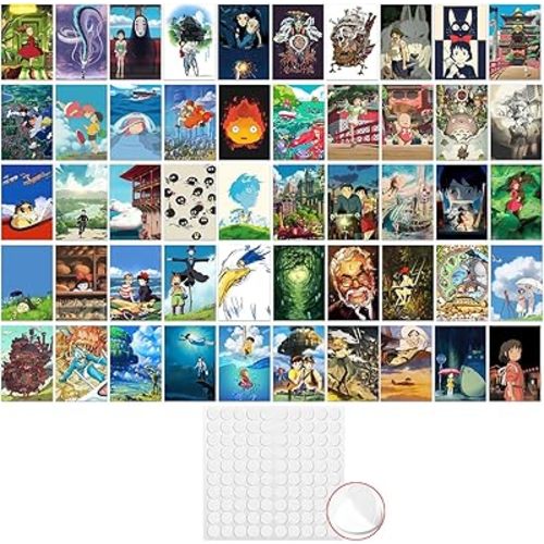 Pounchi Cute Anime Poster Wall Collage Set (50 Pcs 4 x 6 Inch with Glue Dots) Cartoon HD Aesthetic Posters Prints Artworks for Room Bedroom Club Wall Art Decor for Teens Kids