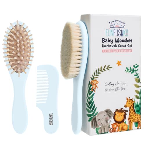 Baby Hair Brush Set for Newborns - Baby Brush and Comb Set - Ultra Soft Goat Hair Bristles, Perfect for Cradle Cap, Newborn Showers & Registries Gift, Comb Brush for Girls & Boys (Sky)