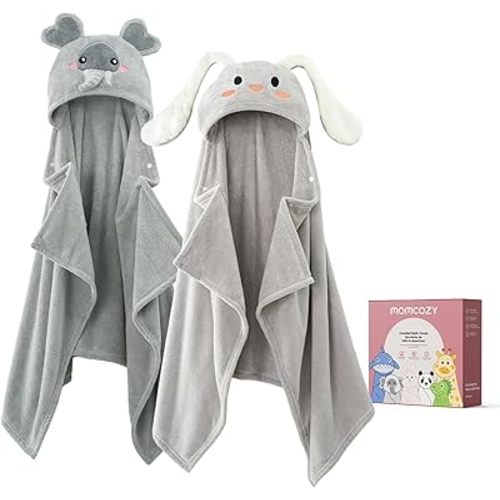 Momcozy Baby Bath Towels with Hooded -Visualize Health Label -Soft & Absorbent Coral Fleece Towel for Comfort & Warm - Bath Essential or Shower Gift for Newborn, Infant,Toddler (Large, 28 x 55 Inch)