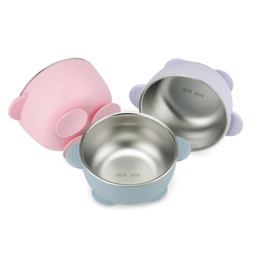 PandaEar 3 Pack Baby Stainless Steel Bowls with Suction, Non-Slip Child Food Bowl with Silicone Sleeve for Kids Toddlers Infants, Extra Strong Base, BPA free