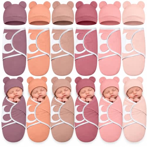 Ramede 6 Pack Baby Swaddle Blankets with Hats,Simple,Solid Pink | Soft Cotton Wrap for Newborn Boys 0-3 Months, Adjustable Breathable Sleep Sack Set, Skin-comfortable Receiving Blanket