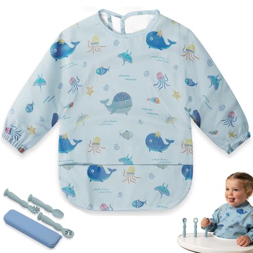 Bornealand Anti-stain Polyurethane Baby Coverall Bib or Baby Apron for feeding - Smock Bibs for Babies - Bib with sleeves