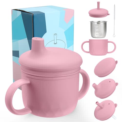 Mity rain 3-In-1 Stainless Steel Sippy Cup for 6+ Month Old, Baby Straw Cups for Toddlers 1-3 with Travel Lid, Silicone Straw, Replacement Straw & Cleaning Brush - 8oz Toddler Cups Spill Proof Set