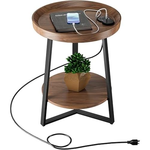 Gadroad Round End Table with Charging Station, USB Ports, Wood Tabletop & Black Metal Frame, 2-Tier Side Table for Living Room, Bedroom, Brown 15.7 * 15.7 * 23.0inches