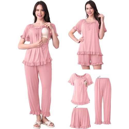 SUNNYBUY 3Pcs Ruffle Trim Postpartum Nursing Pajamas Set with Bowknot, Maternity Breastfeeding PJS Pregnancy Sleepwear