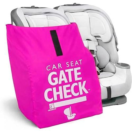 J.L. Childress Gate Check Travel Bag for Car Seats - Car Seat Travel Bag for Airplane, Includes AIRTAG Holder, Fits All Baby Car Infant Carriers & Child Booster Seats - Neon Pink