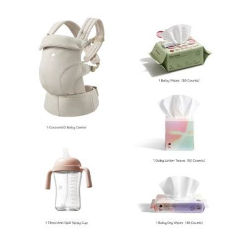 Bc Babycare Baby Shower Gift Set Soft Carrier, Wipes Essentials and Sippy Cup, From Newborn to Toddler Beige Carrier & Pink Cup