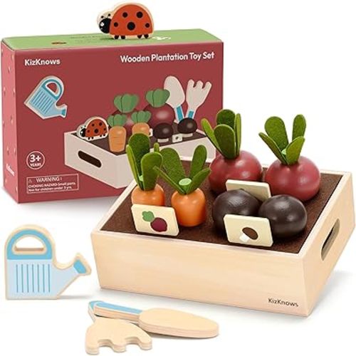 Wooden Montessori Gardening Playset for Kids – 16 Piece Plant & Harvest Toy Kit, Kids Pretend Play Food with Carrots, Beets, Mushrooms, Kitchen Accessories Toy Gift for Boys Girls 3+