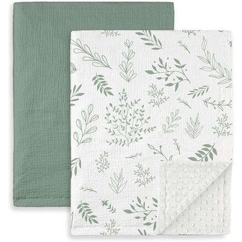 GLLQUEN BABY Blankets for Boys Girls, Soft Muslin Cotton Front Dotted Fleece Backing, Nursery Minky Crib Blanket for Infant Toddler, 30 x 40 inches Throw Blanket, Green & Leaves