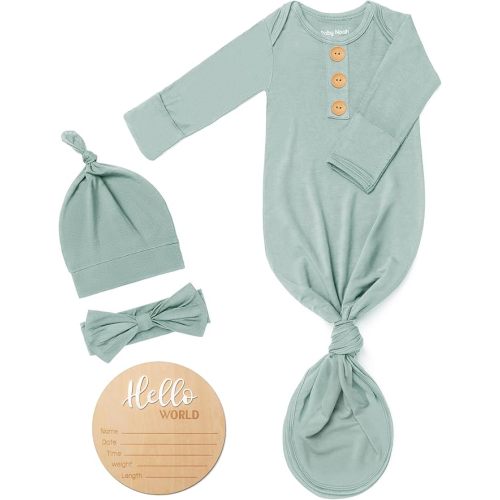 Soft Baby Knot Gown 0-3 Months, Newborn Announcement Sleepers With Mitten Cuffs and Personalized Wooden Name Tag