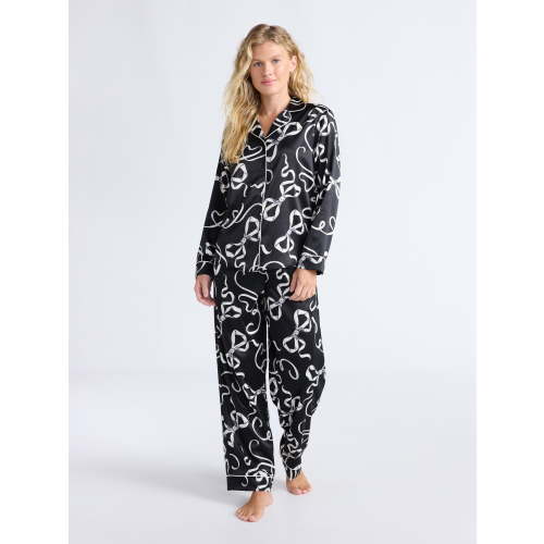 Joyspun Women’s Stretch Satin Notch Long Sleeve Top and Pants Pajama Set, 2-Piece, Sizes XS-3X
